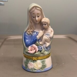 Ceramic Madonna and Child Figurine Trinket Box